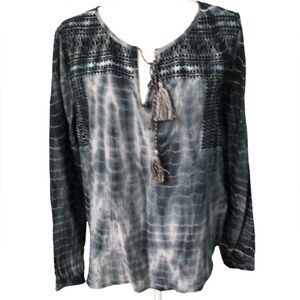 Lovestitch Boho  Indigo Blue Long Sleeve Embroidered Tie Dye Peasant Top Large